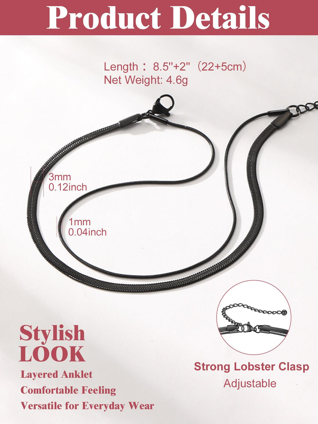 FOCALOOK Ankle Bracelets for Women, Black Layered Snake Chain Anklets