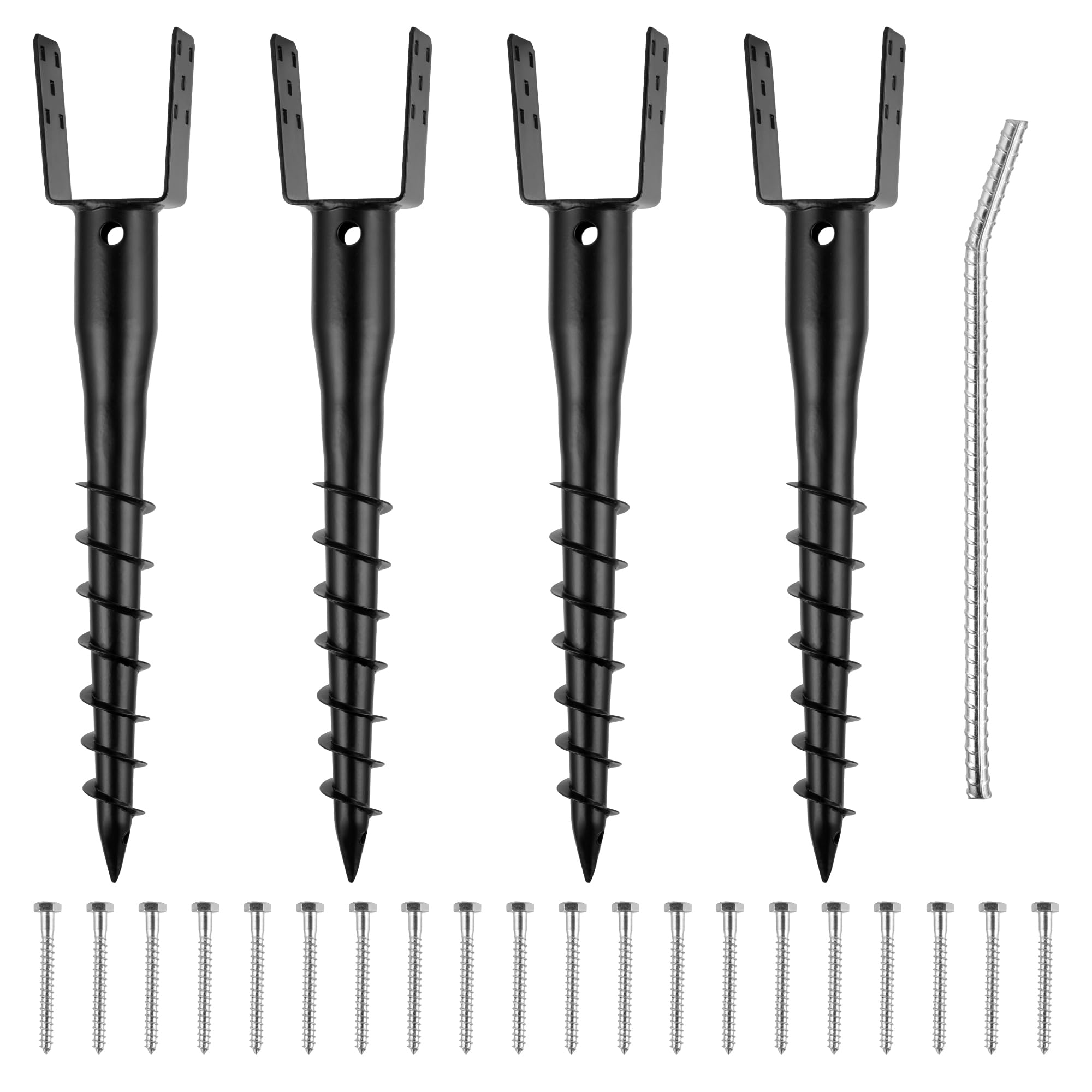 XYADX No Dig Ground Screw Anchor - Black U Shaped Post Stake for 4x4 Wood Posts, Includes Lag Bolts & 27" Rebar, for Mailbox Posts and Fence Posts Anchor, 4 Pack