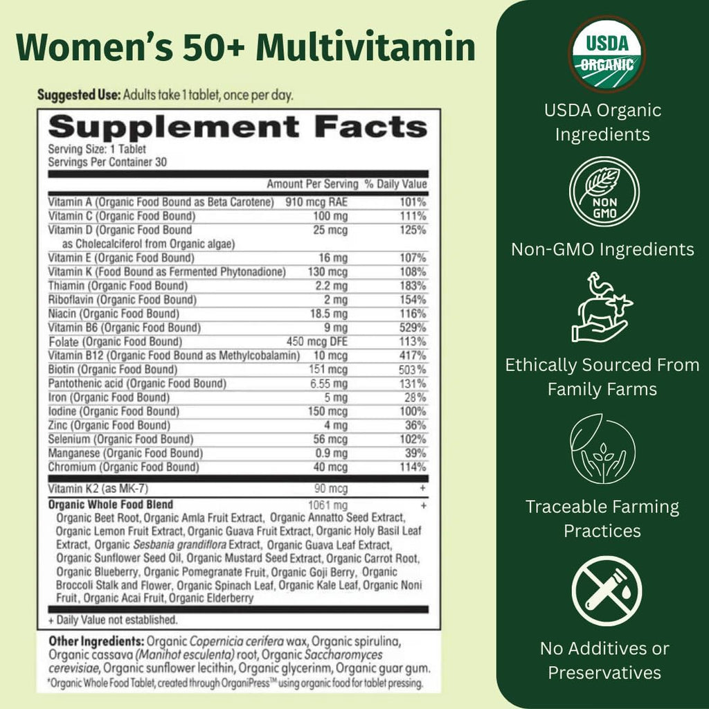 EarthFirst Organic Once Daily Multivitamin for Women 50+, Supports Bone Strength, Energy, and Heart Health, 30 Count