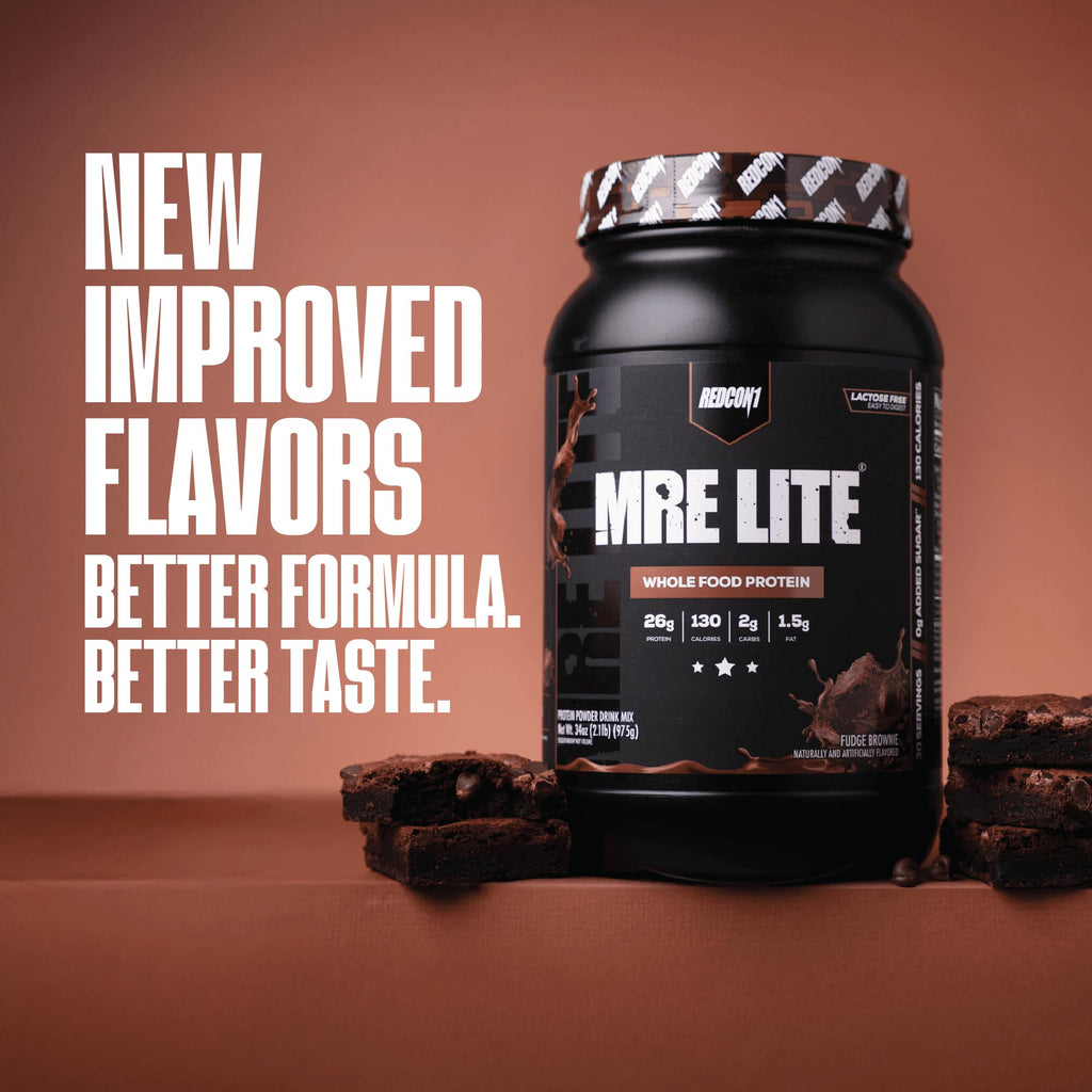 REDCON1 MRE LITE Whole Food Protein Powder, Fudge Brownie - Lactose Free & Sugar Free Meal Replacement with Animal Protein Blends - Easy to Digest Formula - Only 2g Carb per Serving (30 Servings)