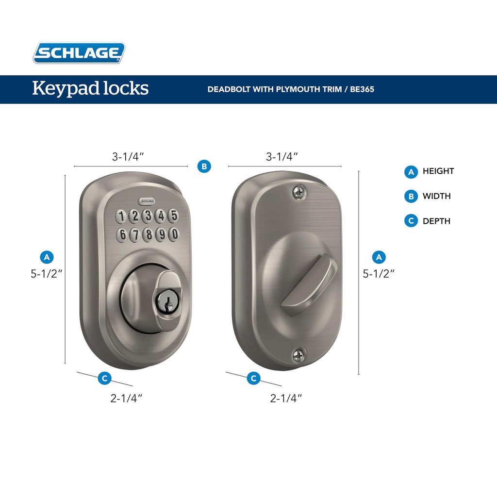 Schlage BE365 PLY 619 Plymouth Keypad Deadbolt, Electronic Keyless Entry Lock, Satin Nickel