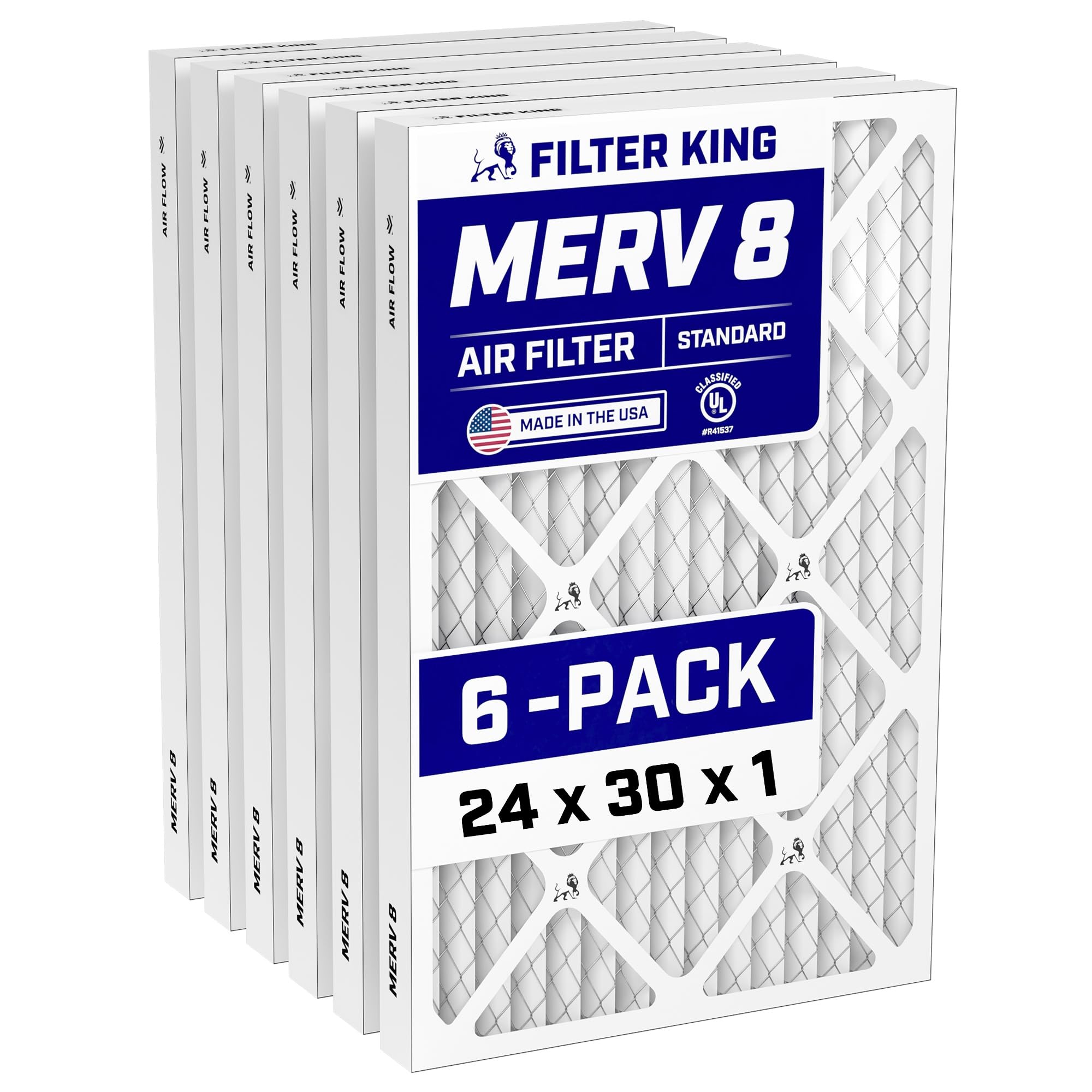 Filter King 24x30x1 Air Filter (MERV 8) (6-Pack) Dust & Allergy Control AC Furnace Filters, MADE IN USA, HVAC, Pleated, Electrostatic (Actual Size: 23.5 x 29.5 x .75)