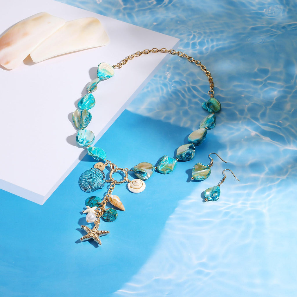 Coiris Natural Seashell Choker Necklaces Earrings Jewelry Set for Women Starfish Shell Freshwater Pearl Collar Necklaces for Women Irregular Mother of Pearl Jewelry Set(ST0023-Blue)