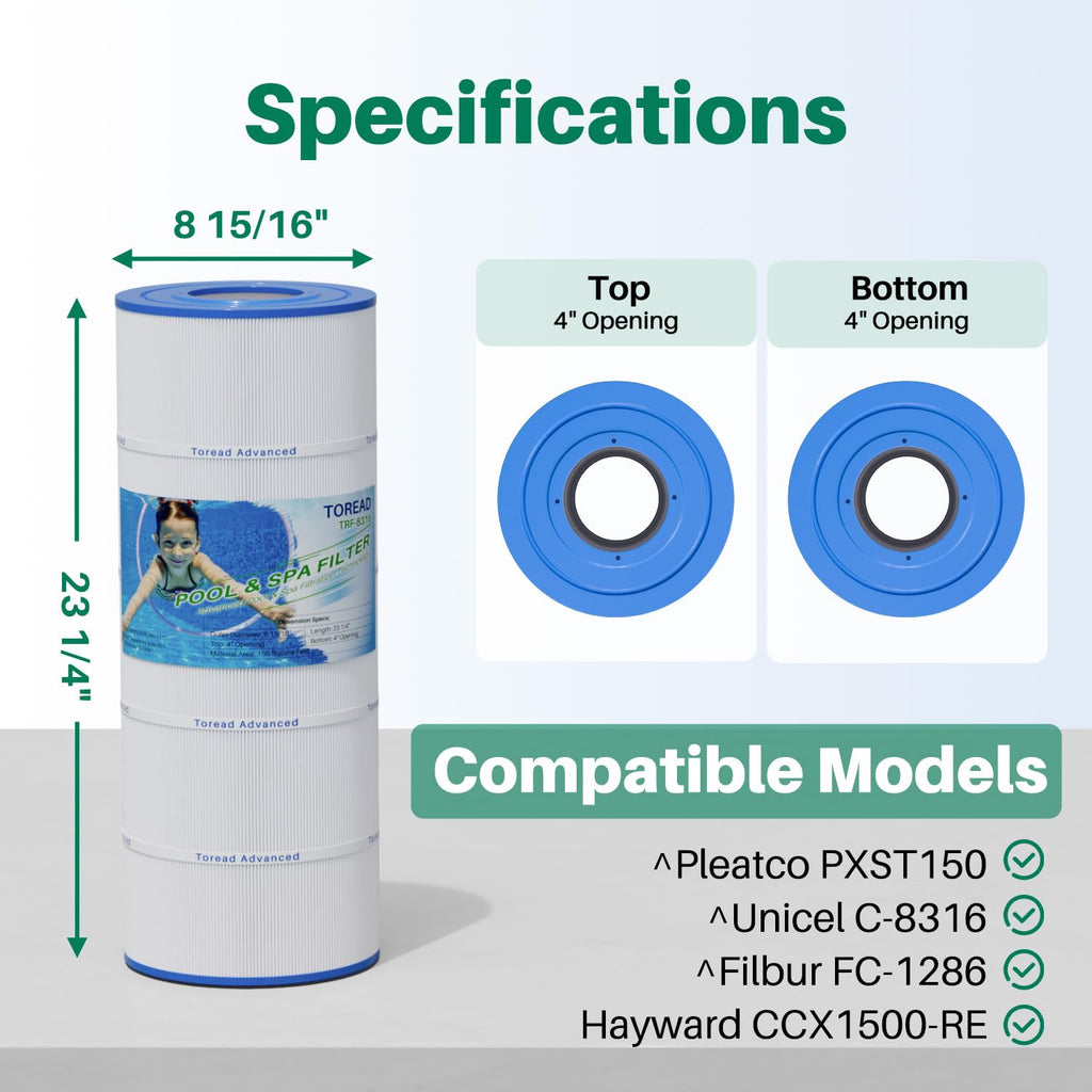 TOREAD PXST150 Pool Filter Replaces Hayward X-Stream CC1500, CCX1500-RE, Pleatco PXST150, Ultral-B3, Unicel C-8316, Filbur FC-1286, Waterway Pro Clean 150,150 Sq.Ft Filter Cartridge, 1 Pack