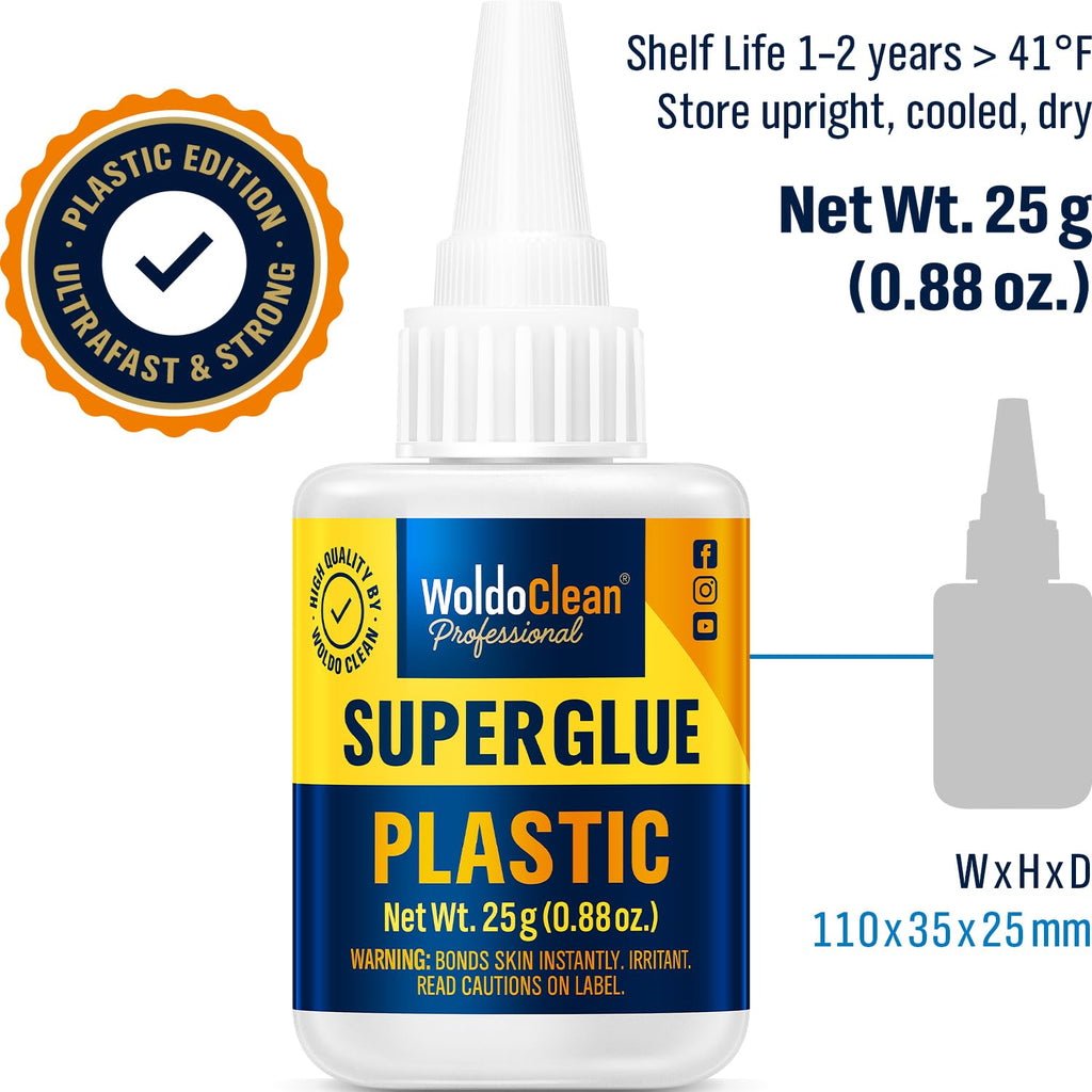 WoldoClean Super Glue for Plastic 25g for Instant Strength - Waterproof, Heat-Resistant, Clear Glue with Precise Nozzle