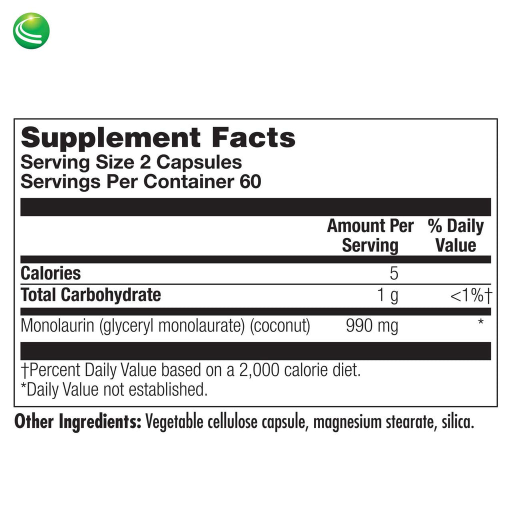 Nutra Biogenesis Monolaurin - Monolaurin Capsules, Coconut Monolaurin Support Supplement for Men & Women, 1000mg Per Serving for Adults - 120 Vegan Capsules