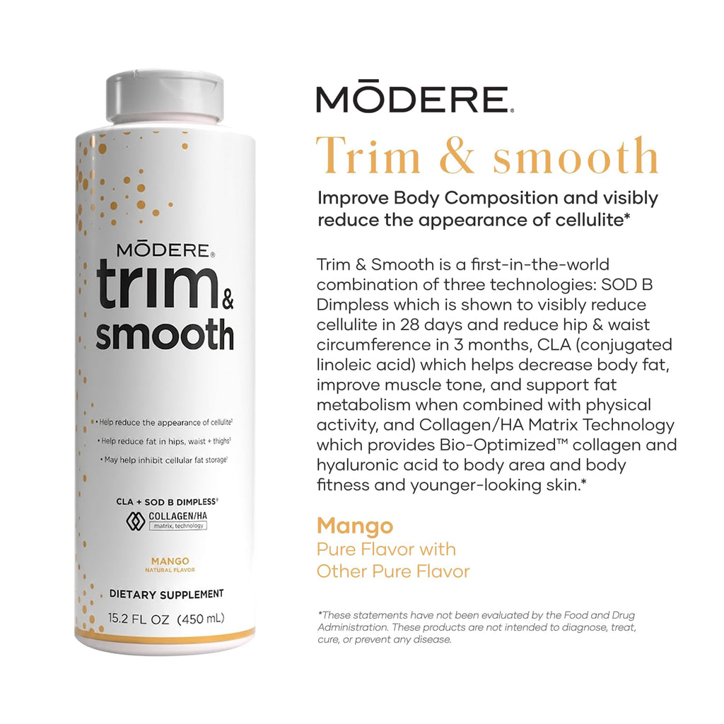 Modere - Trim & Smooth Mango - Supports Cellulite Appearance, Body Composition with CLA, SOD B Dimpless, Collagen/HA Matrix. Bottle - 450 ml