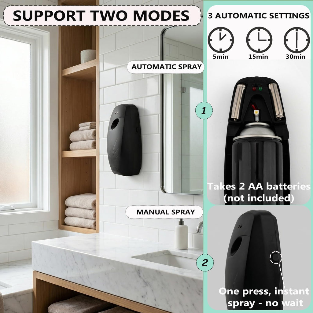 Automatic Air Freshener Dispenser – 2-Pack Wall Mounted Time Mist Spray for Home, Bathroom & Office – Battery Operated Scent Sprayer Compatible with Commercial Air Fresheners(Black)