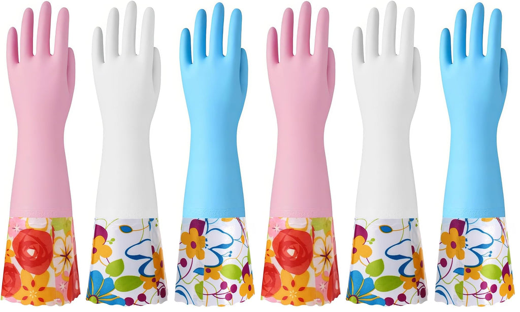 Bamllum 3 Pairs Rubber Cleaning Gloves, Household Kitchen Dishwashing Gloves with Cotton Flocked Liner, Long Cuff 16 Inches, Reusable, Non-Slip (Medium, Blue+Pink+White) (Pack of 2)