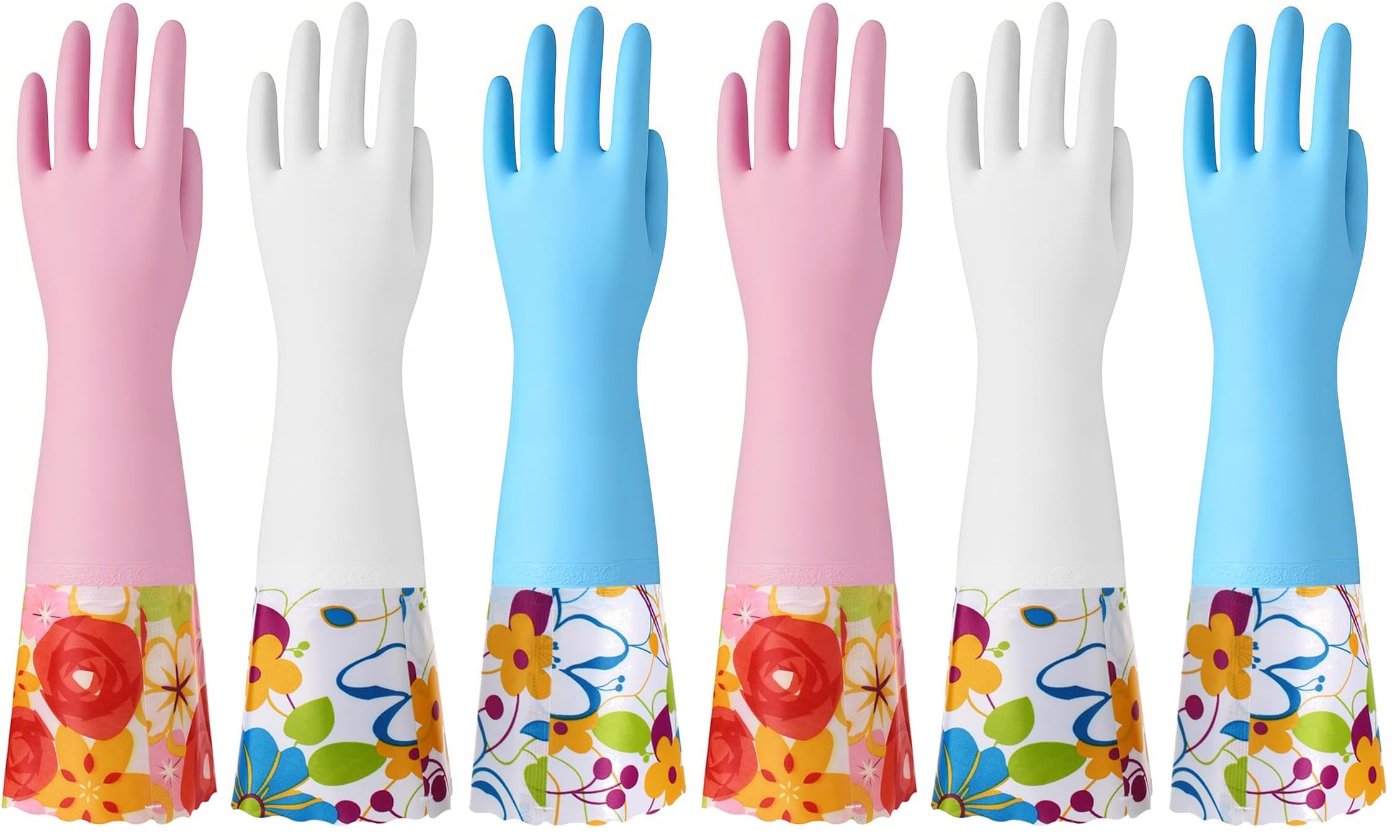 Bamllum 3 Pairs Rubber Cleaning Gloves, Household Kitchen Dishwashing Gloves with Cotton Flocked Liner, Long Cuff 16 Inches, Reusable, Non-Slip (Medium, Blue+Pink+White) (Pack of 2)