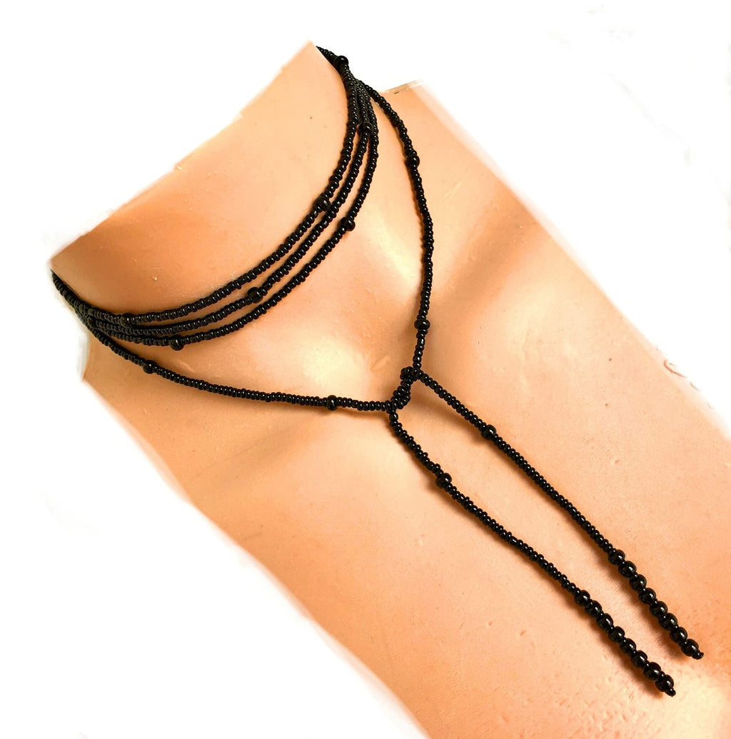Wrapped Necklace, Black Seed Bead Jewelry, Long Layered Necklace, Tie chokier, Boho Wrapped Choker, Lariat Necklace, Christmas Gift Women
