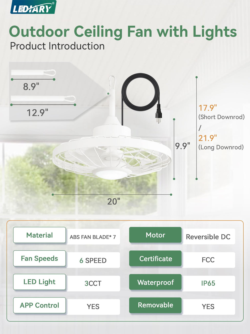 LEDIARY 20" Outdoor Ceiling Fan with Lights,IP65 Waterproof Gazebo Hanging Fan with Remote Control Smart App, Plug in Caged Ceiling Fan with 3CCT 6-Speeds for Patio Porch Pergola(White)