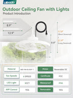 LEDIARY 20" Outdoor Ceiling Fan with Lights,IP65 Waterproof Gazebo Hanging Fan with Remote Control Smart App, Plug in Caged Ceiling Fan with 3CCT 6-Speeds for Patio Porch Pergola(White)