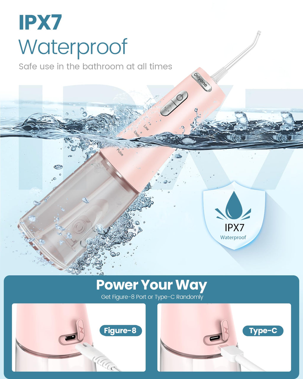 Onlyone Water Dental Flosser Pick for Teeth, 300ML Portable Oral Irrigator, Rechargeable Travel Irrigation Cleaner, Professional Electric Flossing Machine Birthday Gifts for Women,Mom,Girlfriend Pink