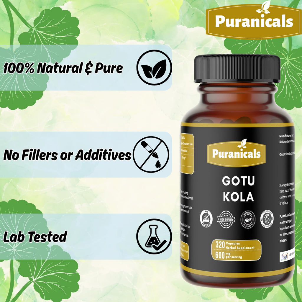 Puranicals Gotu Kola Premium 320 Capsules Non GMO and Gluten Free | Herbal Supplement | 600 mg Per Serving | Made with 100% Pure Gotu Kola Powder