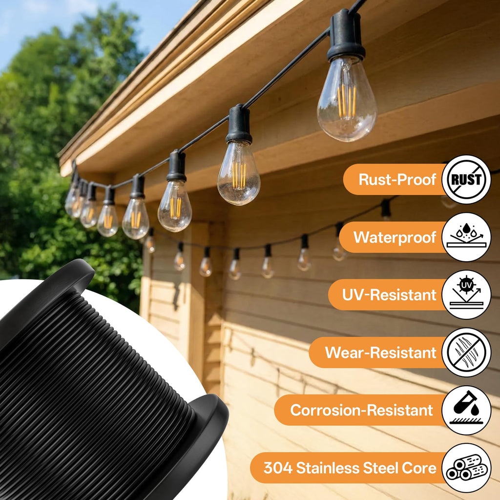CELYND Black Vinyl Coated Cable - 304 Stainless Steel Wire Rope 1/16 Inch Overmolded to 3/32 Inch for Outdoor Hanging DIY Projects String Lights Trellis Clothesline 200ft