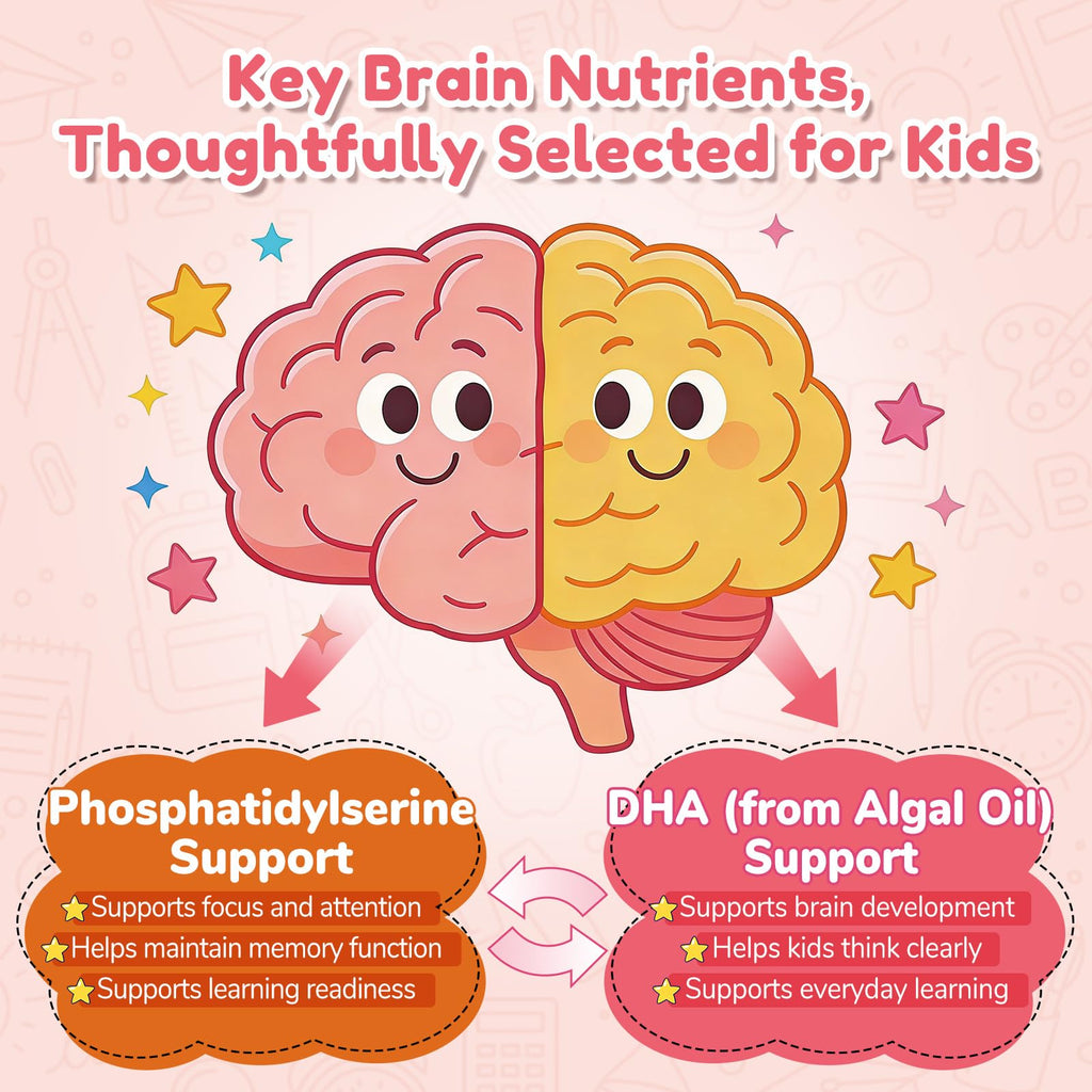 NATISLAND Focus Gummies for Kids, Brain Supplements with Phosphatidylserine, Omega-3 & Saffron, for Kids Memory, Focus & Attention Support, Sugar Free, Vegan, Strawberry Flavor, 60 Chewable