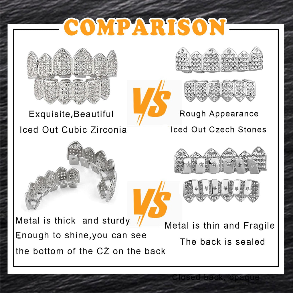 JINAO Grillz Diamond Grills for Your Teeth for Men Women 18K Gold Plated Iced Out Macro Pave Cubic Zirconia Mouth Grill with Extra Molding Bars Included(Silver Set)