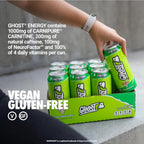 GHOST Energy Drink, Zero Sugars, 12-Pack, Warheads Sour Green Apple, 16oz