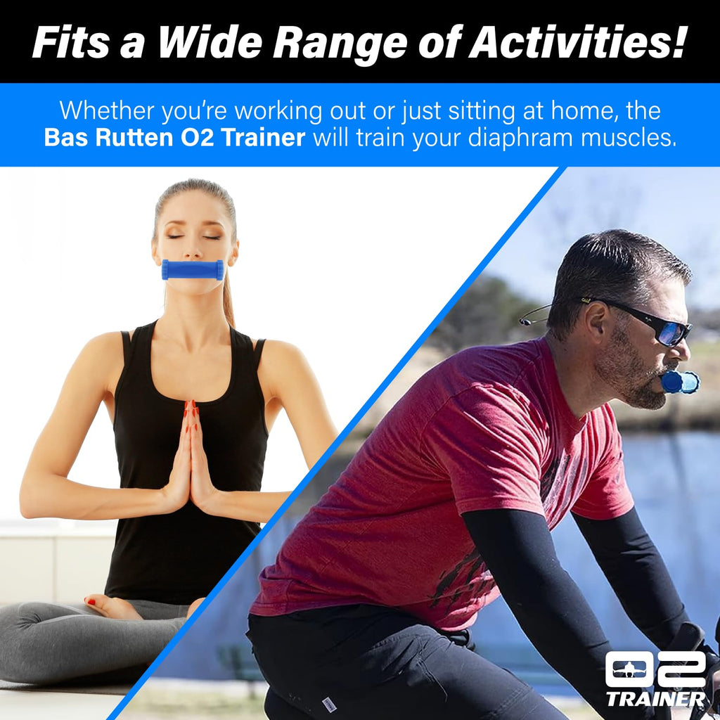 Bas Rutten O2Trainer: Breathing Muscle Training Device | Lung Power & Endurance Tool for Athletes, Singers & High-Altitude Performance | Diaphragmatic Respiratory Trainer | 16 Resistance Caps | Blue