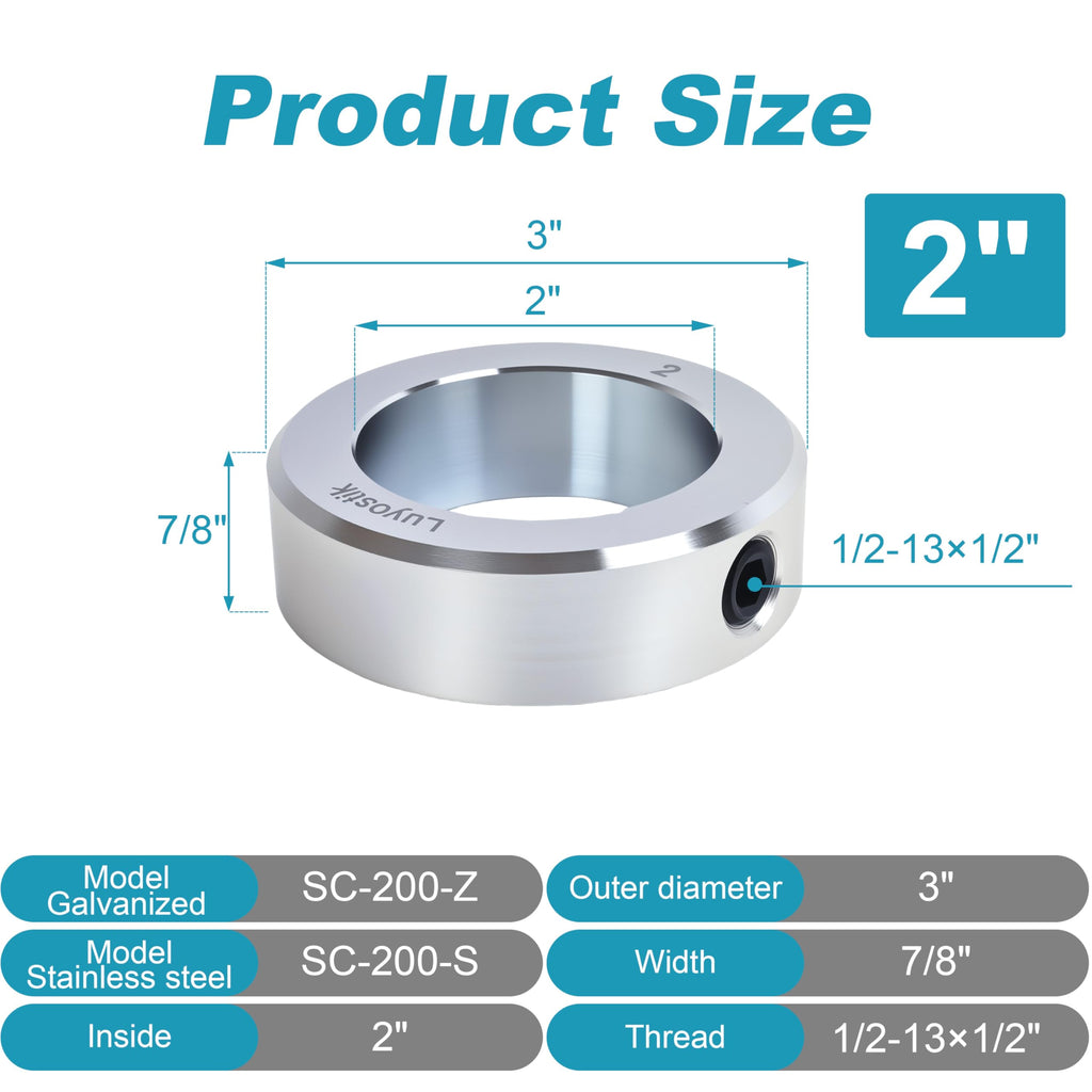 Luyostik 2pcs 2" bore Shaft Collar,2" bore Solid Steel Style zinc Plated Set Screw Shaft Collars,3 OD, 7/8" Width, for Wheel Barrow Axle, Gearbox Assemblies, Machine Tools, Industry
