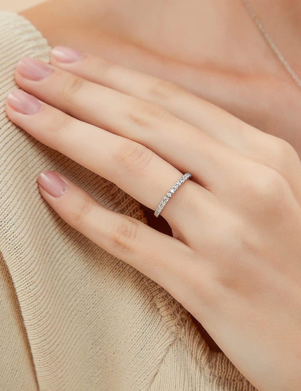 EAMTI 2mm 925 Sterling Silver Wedding Band Cubic Zirconia Half Eternity Stackable Engagement Ring Size 7