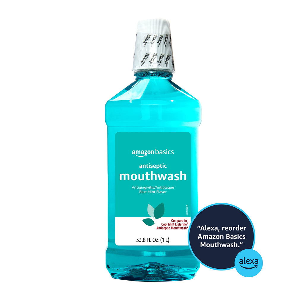 Amazon Basics Antiseptic Mouthwash, Blue Mint, Fights Bad Breath, Plaque and Gingivitis, 1 Liter, 33.8 Fl Oz, 1-Pack (Previously Solimo)
