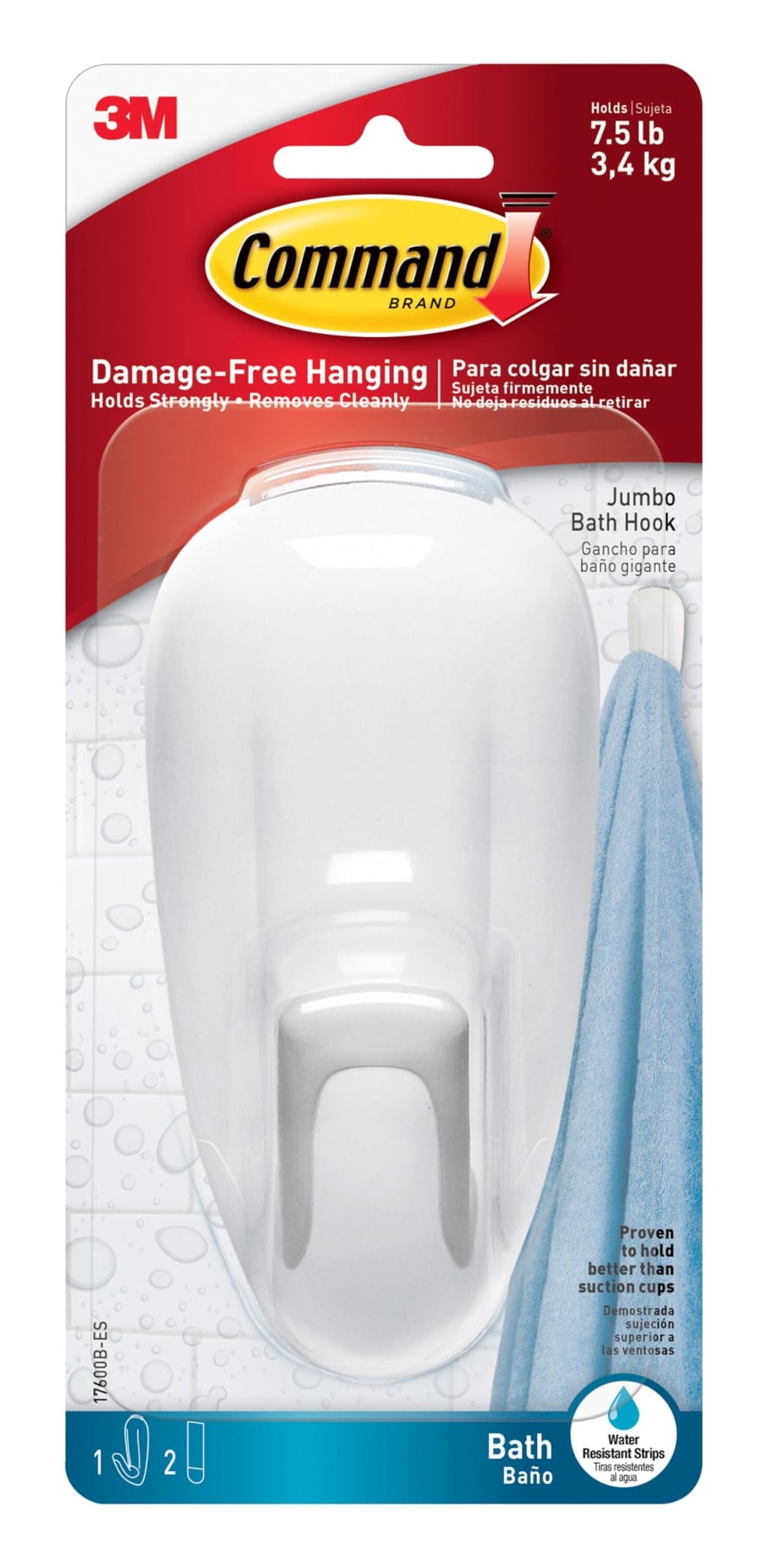 Command Large White Bath Hooks, 1 Hook, 2 Strips