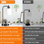 Set of 2 Industrial Touch Control Table Lamps with 2 USB Ports and AC Outlet - 3-Way Dimmable Black Bedside Lamp Nightstand Desk Lamps for Bedroom Living Room, Opal Glass Shade & 2 LED Bulbs Included