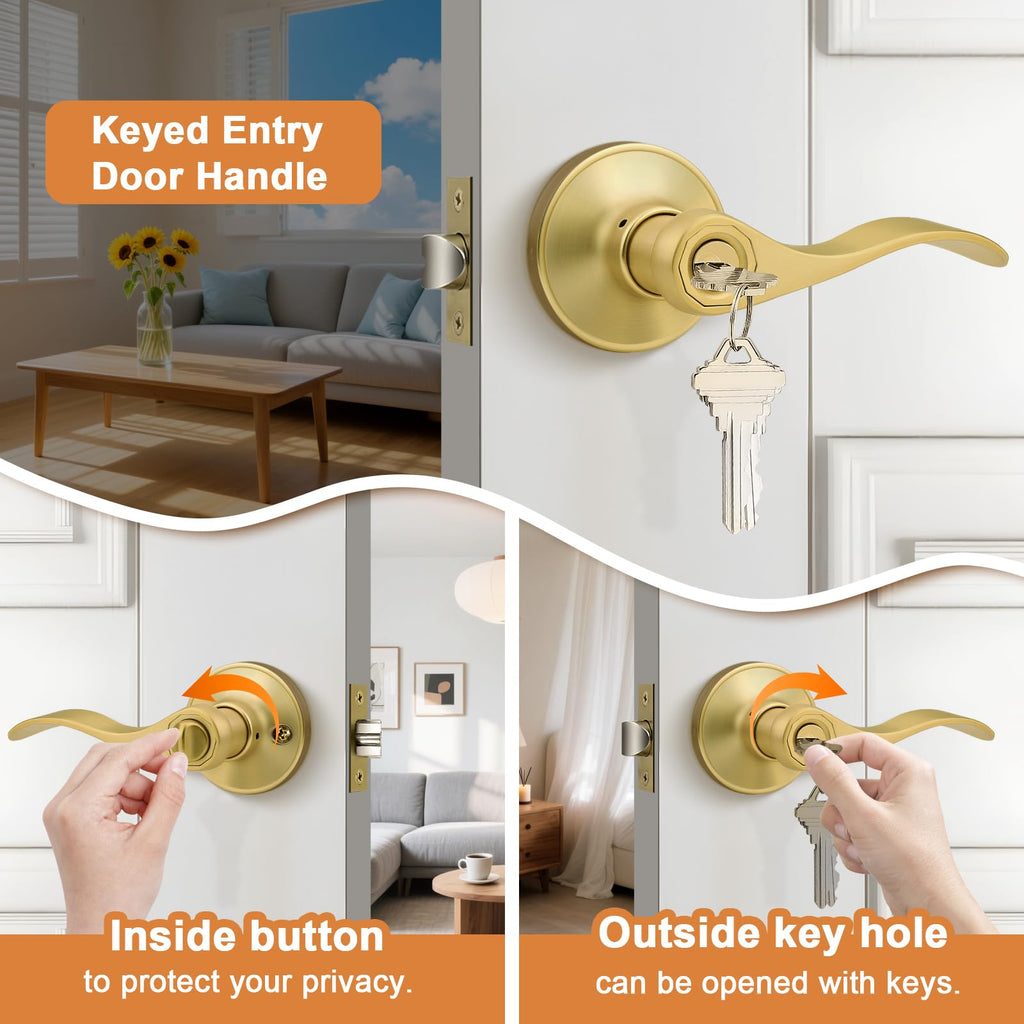 Probrico Brushed Gold Door Handles Front Exterior Door Handles with Lock and Keys, Keyed Alike Gold Entry Door Lever Wave Style Reversible, 5 Pack