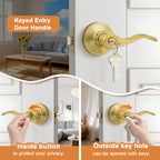 Probrico Brushed Gold Door Handles Front Exterior Door Handles with Lock and Keys, Keyed Alike Gold Entry Door Lever Wave Style Reversible, 5 Pack