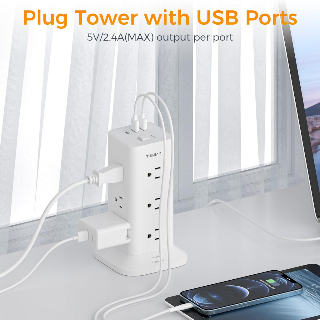 Power Strip Tower with Surge Protection, TESSAN Flat Plug Extension Cord 6 Feet with Multiple Outlets 3 USB Ports (1 USB C), Office Desk Supplies, Dorm Essentials