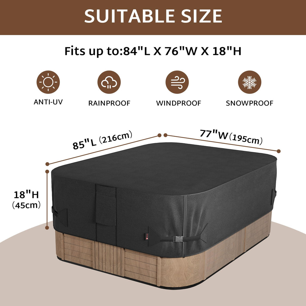 iBirdie Outdoor Waterproof Rectangular Hot Tub Cover 85 x 77 inch fit 84 x 76 or 83 x 75 or 82 x 74 SPA 600D Heavy Duty Rectangle Weatherproof Protectors Protective Cover Cap