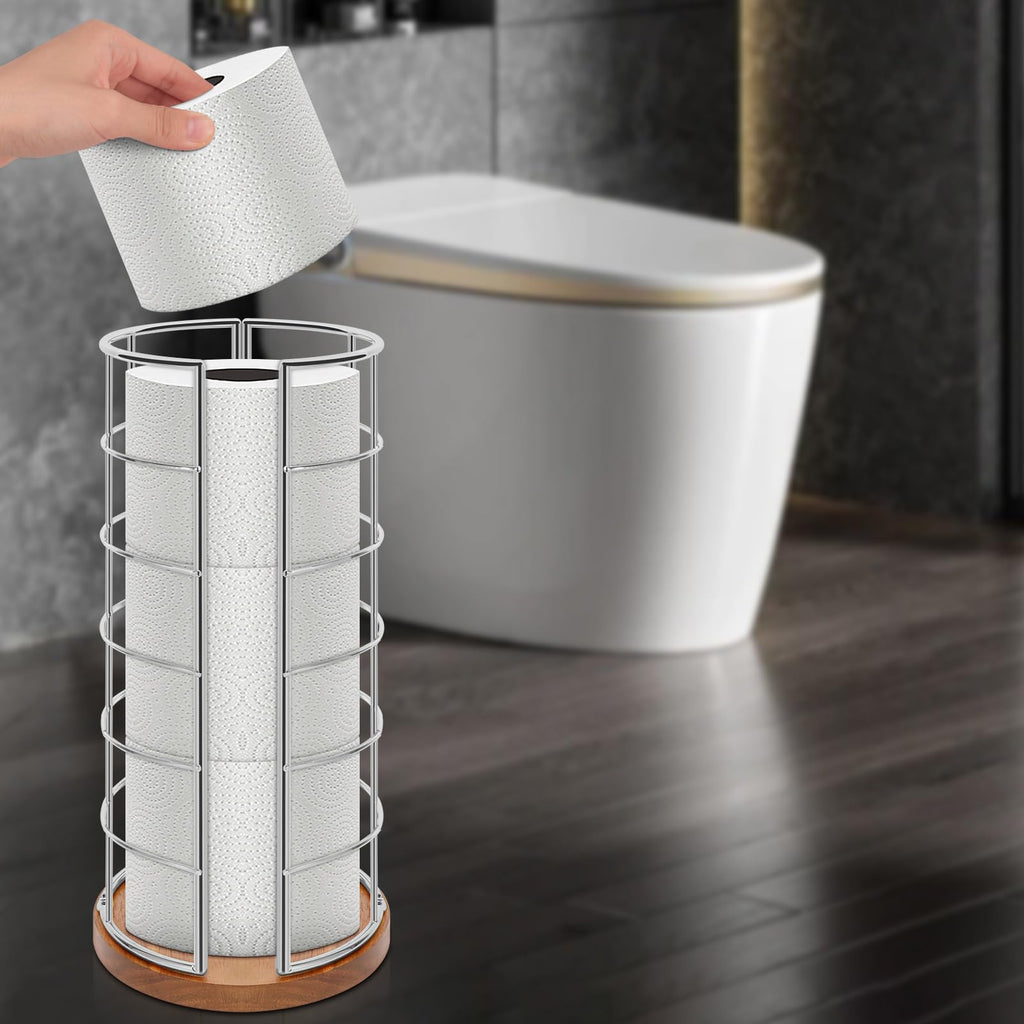NearMoon Toilet Paper Organizer Stand, Freestanding 3 Rolls Tissue Storage, Metal Bathroom Accessory, Rustproof Toilet Roll Holder for Kitchen Countertop Inside Cabinet Shelf(Wooden Base, Chrome)