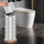 NearMoon Toilet Paper Organizer Stand, Freestanding 3 Rolls Tissue Storage, Metal Bathroom Accessory, Rustproof Toilet Roll Holder for Kitchen Countertop Inside Cabinet Shelf(Wooden Base, Chrome)