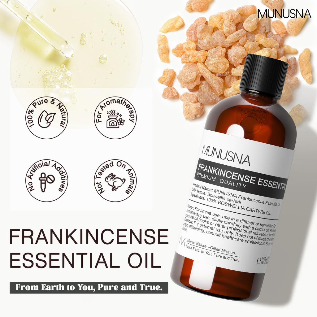 MUNUSNA Frankincense Essential Oil 100ML,100% Pure Natural Frankincense Oils Premium Grade Aromatherapy Oil for Hair, Face, Skin, Body Care, Diffuser, Massage, Soap and Candle Making