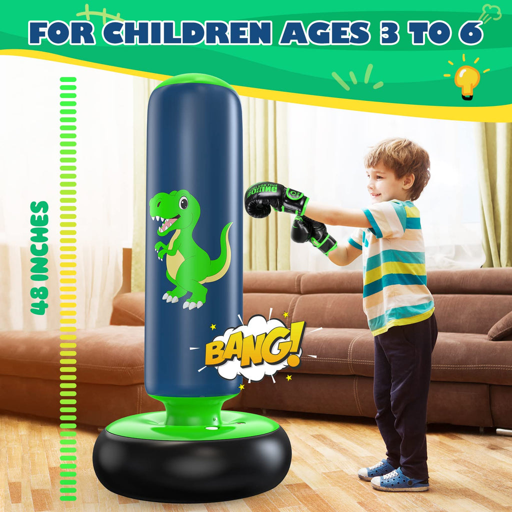 QPAU Punching Bag for Kids 3-6, Inflatable Dinosaur Toy, 48 in, Green