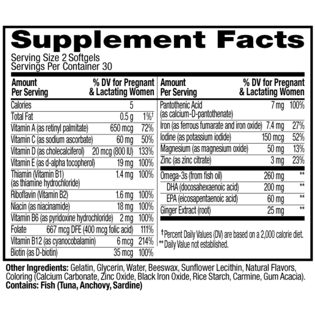 OLLY Ultra Strength Prenatal Multivitamin Softgels, Supports Healthy Growth, Brain Development, Iron, Folic Acid, DHA, Vitamins C, E, 30 Day Supply-60 Count