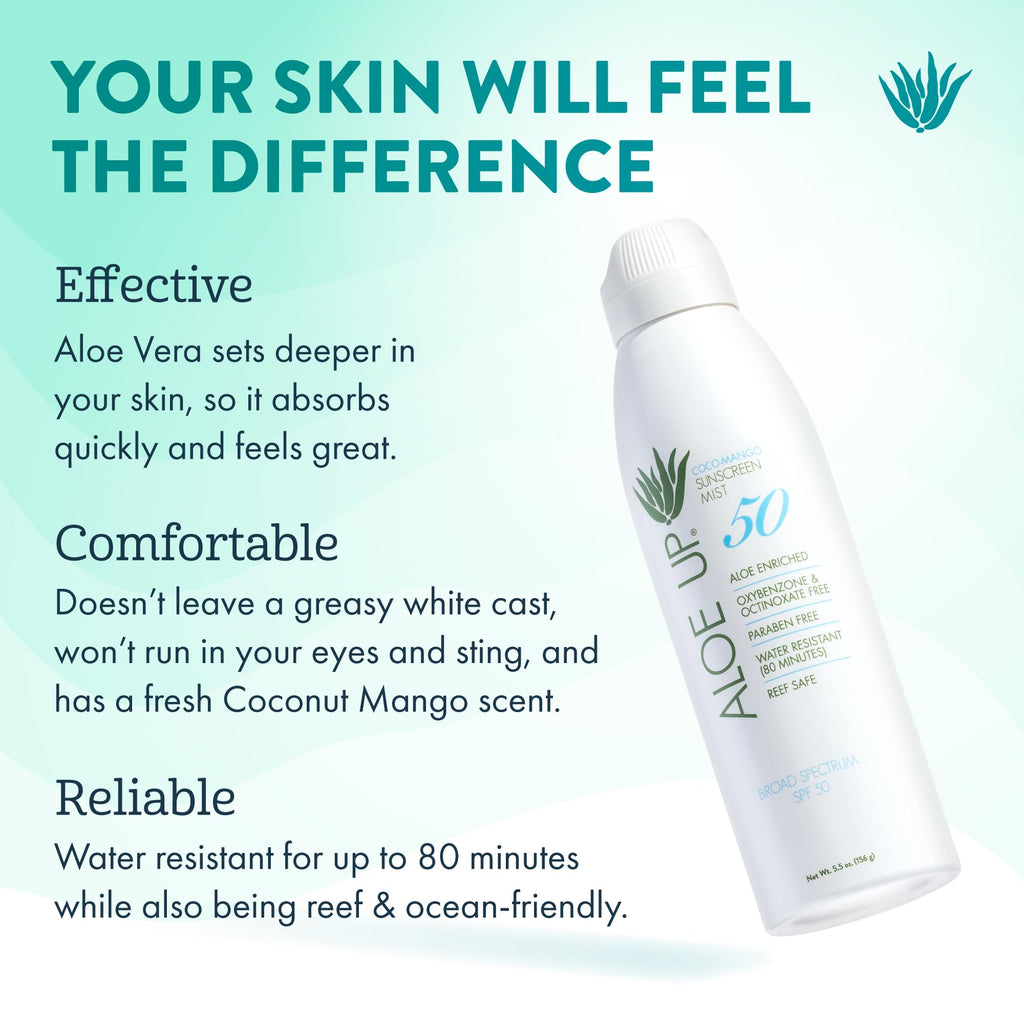 Aloe Up White Collection Continuous Sunscreen Spray SPF 50 Broad Spectrum UVA/UVB Sunscreen Protector for Face and Body with Moisturizing Aloe Vera Gel Reef Safe Coco Mango Fragrance 5.5 Fl. Oz