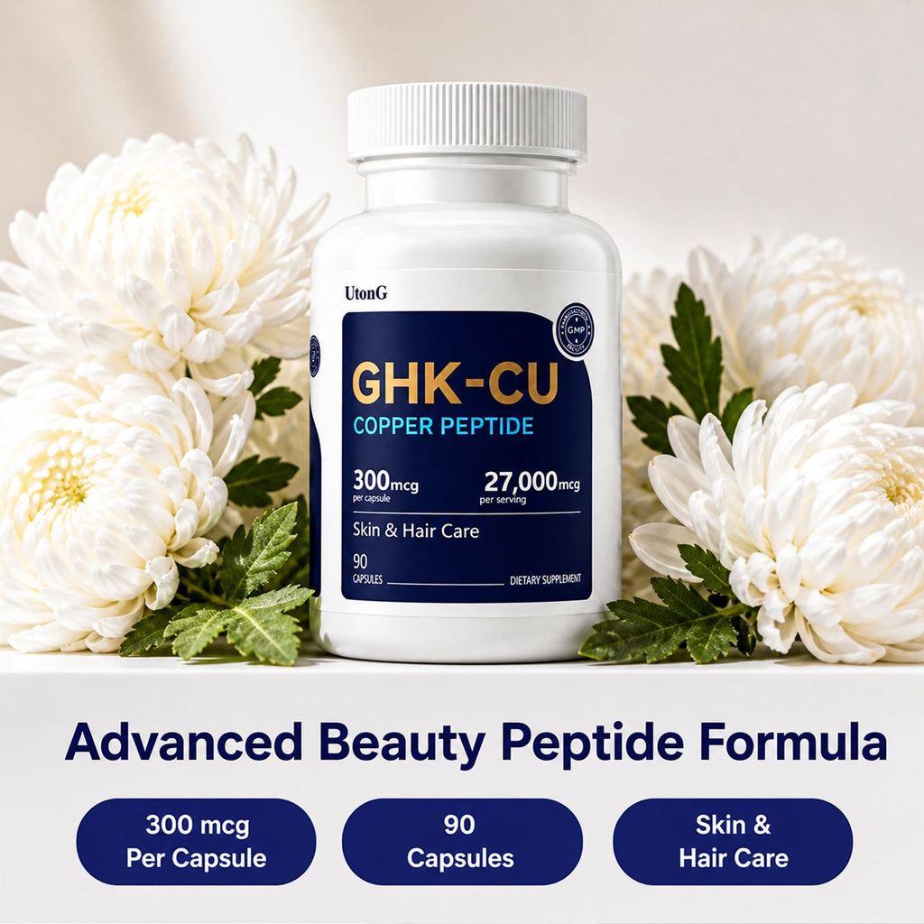 UtonG GHK-Cu Copper Peptide Supplement, Anti-Aging & Hair Growth Support, Improves Skin Elasticity & Firmness, Thicker, Fuller Hair, Easy Absorption, Precisely Dosed, 90 Vegan Capsules