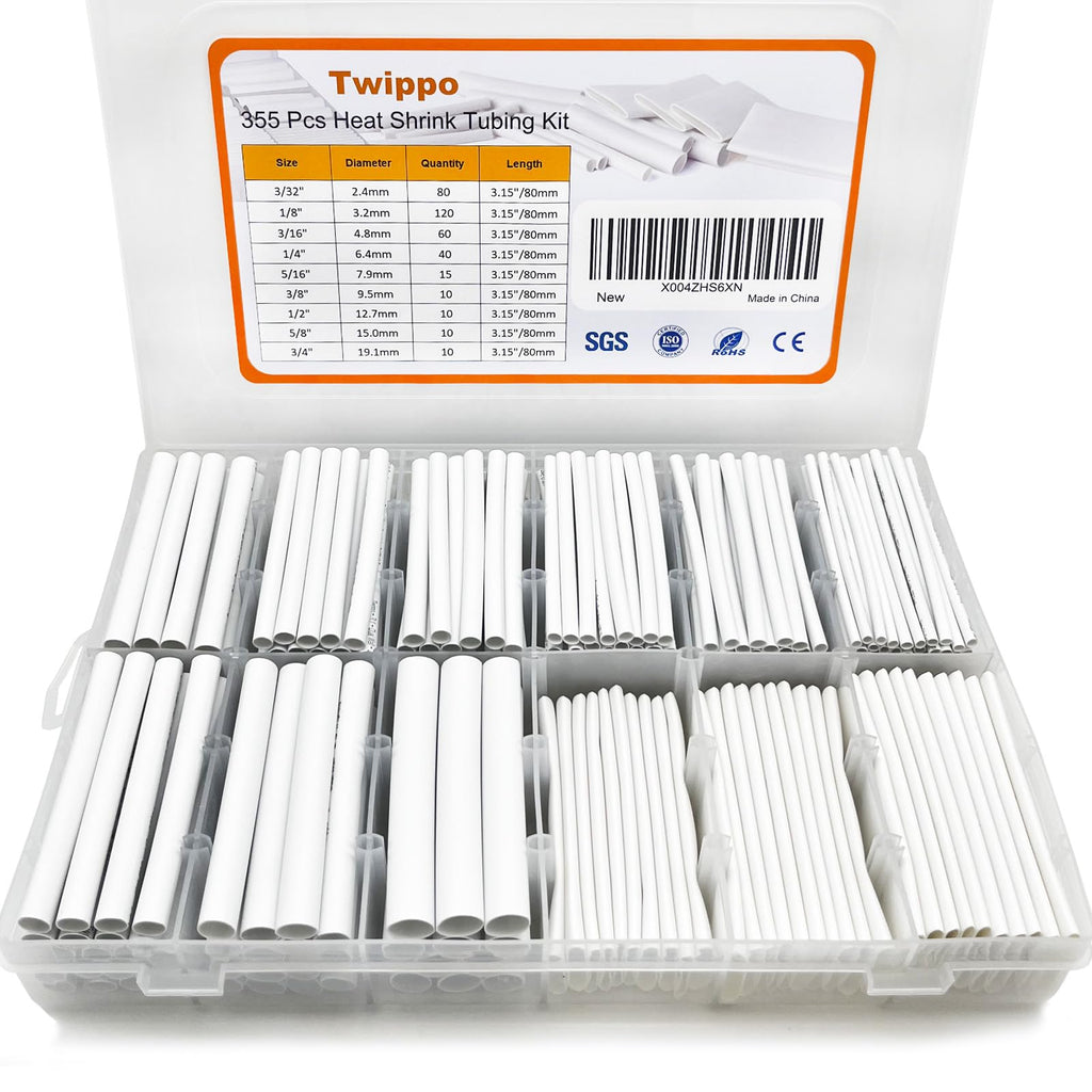 Twippo Heat Shrink Tubing Kit 355pcs - 3:1 Adhesive Lined - Electrical Waterproof Industrial Heat Shrink Terminal Connectors - Marine Grade Wire Connector Shrink Wrap Tube - 3.15" Length - White