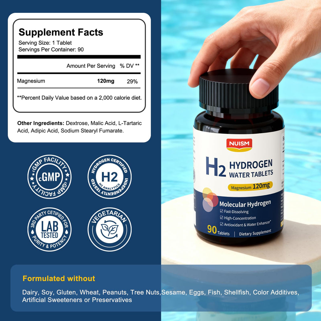 Nuism Hydrogen Water Tablets with Magnesium,Hydrogen Tablets for Drinking Water,Antioxidant and Cellular Health Support, H2 Molecular Tabs,90 Tablets