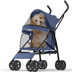 OS MOTOR Pet Stroller with 4 Wheels for Small/Medium Pets, Portable Travel Foldable Carrier Jogger for Dog Cat Puppy Kitty, Rear Wheel Breaks, Storage Basket, Visible Mesh Weather Cover (Navy Blue)