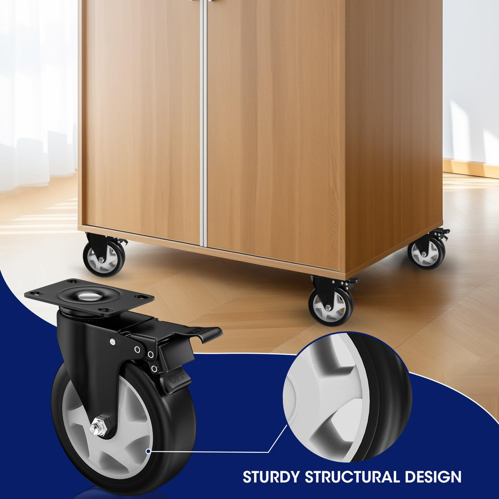 ASHGOOB 5" Heavy Duty Plate Casters, 1400 Lbs Dual Brake - Set of 4