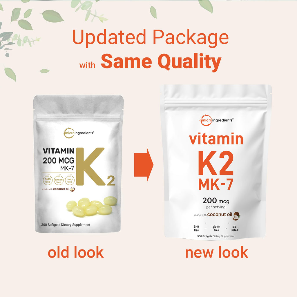 Micro Ingredients Vitamin K2 MK-7 Supplement, 200 mcg Per Serving, 300 Coconut Oil Softgles | Easily Absorbed, Active Menaquinone Form | Non-GMO
