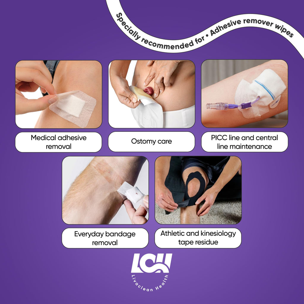 100 CT Adhesive Remover Wipes – Strong & Effective Skin Adhesive Remover – 2 Ply 2.56x1.18in (6.5x3cm) – Medical Adhesive Remover for Bandage, Tape, Dressings, and Ostomy Residue - By Livaclean Health