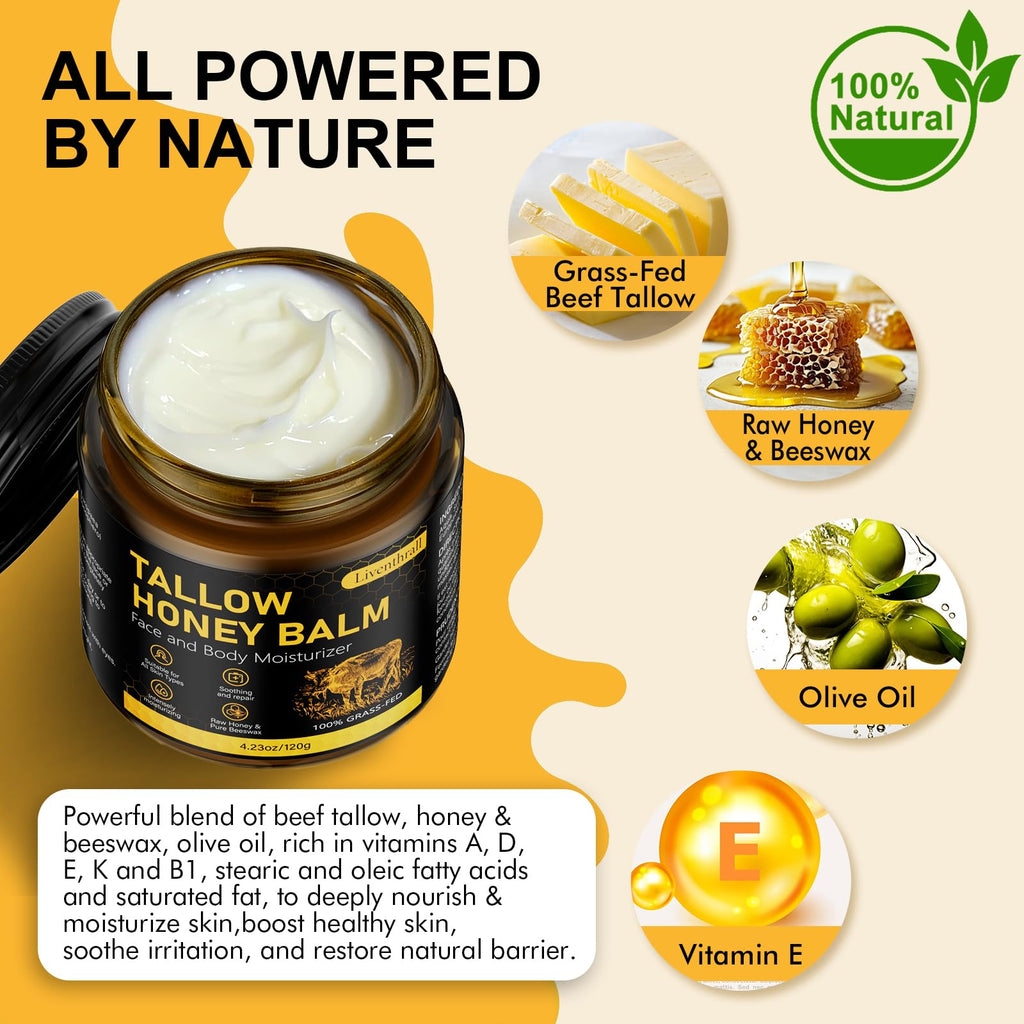 Organic Beef Tallow Honey Balm for Skin & Face, Whipped Beef Tallow Face Moisturizer with Raw Honey, Grass Fed Cow Beef Tallow Cream, All Natural Pure Body Lotion for Women & Men, Unscented 4.2 OZ