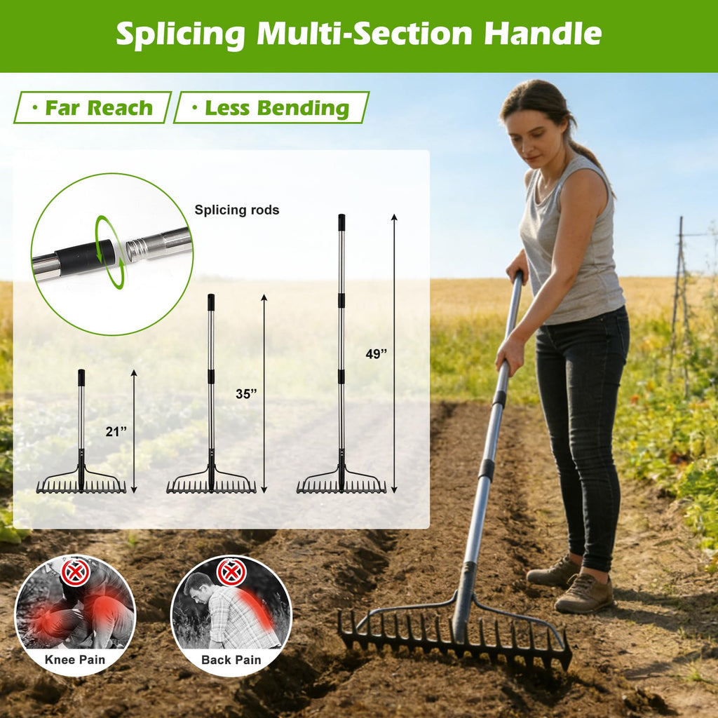 4FT Bow Rake,Heavy Duty Metal Garden Rake for Moving Gravel Loosening Soil Leveling Ground Gathering Leaf Debris Spreading Mulch, 17 Tines,Adjustable Handle, for Lawn Garden Farm Landscape Work