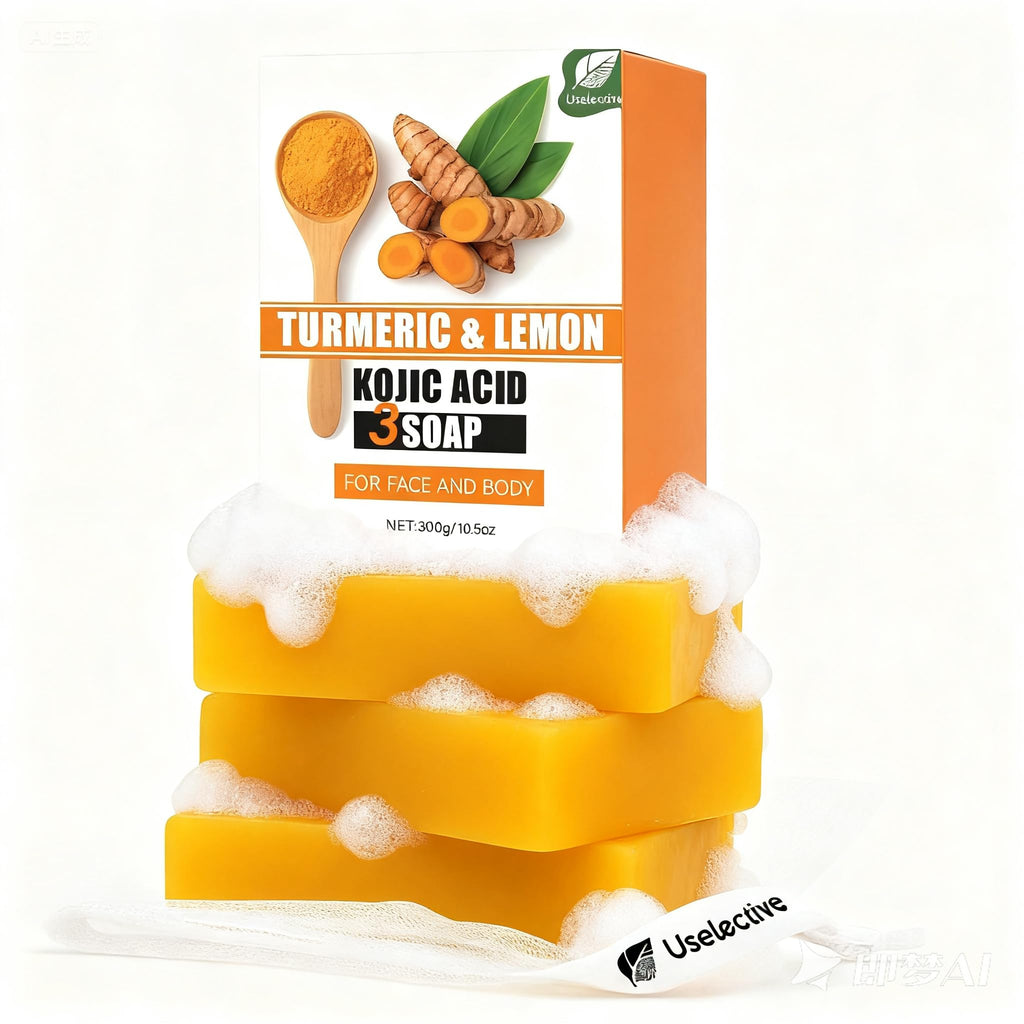 Uselective 3 Pack Lemon & Turmeric Soap Bar for Dark Spots, Powered by Kojic Acid, Vitamin C - Deeply Moisturizing with Amino Acids & Shea Butter - SLS Free for Face/Body