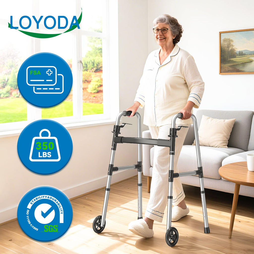 Loyoda Folding Walker with 2 Skis and 5" Wheels, Lightweight Walkers for Seniors and Adults, Supports Up to 350 Pounds, Adjustable Height, Compact Standard Walker, Black